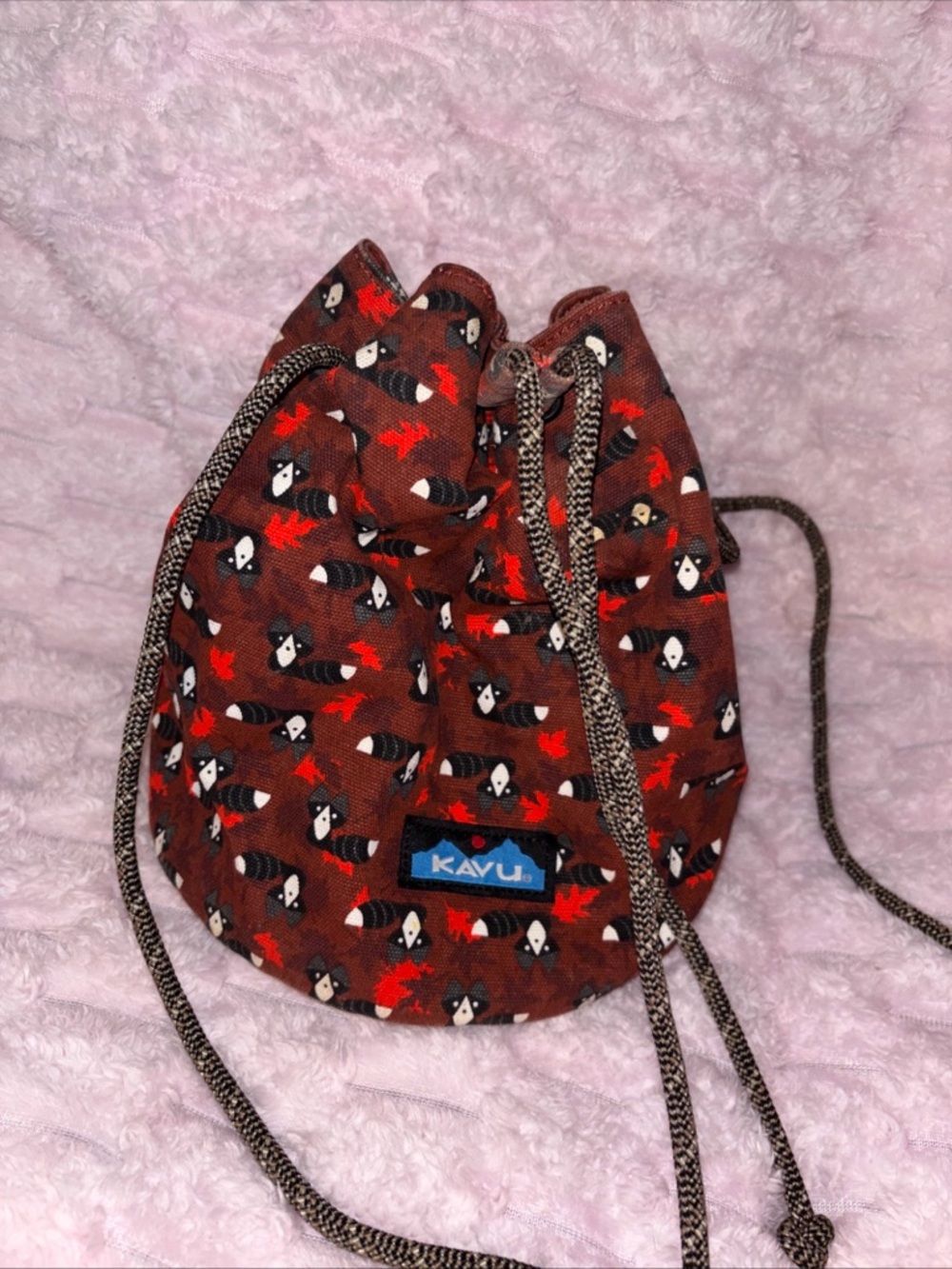 Kavu Red Brown Raccoon Print Crossbody Bucket Bag